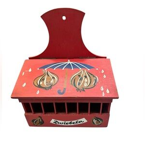 Vintage Onion Garlic Holder Box Wall Mount Painted Anthropomorphic Kitchen Red